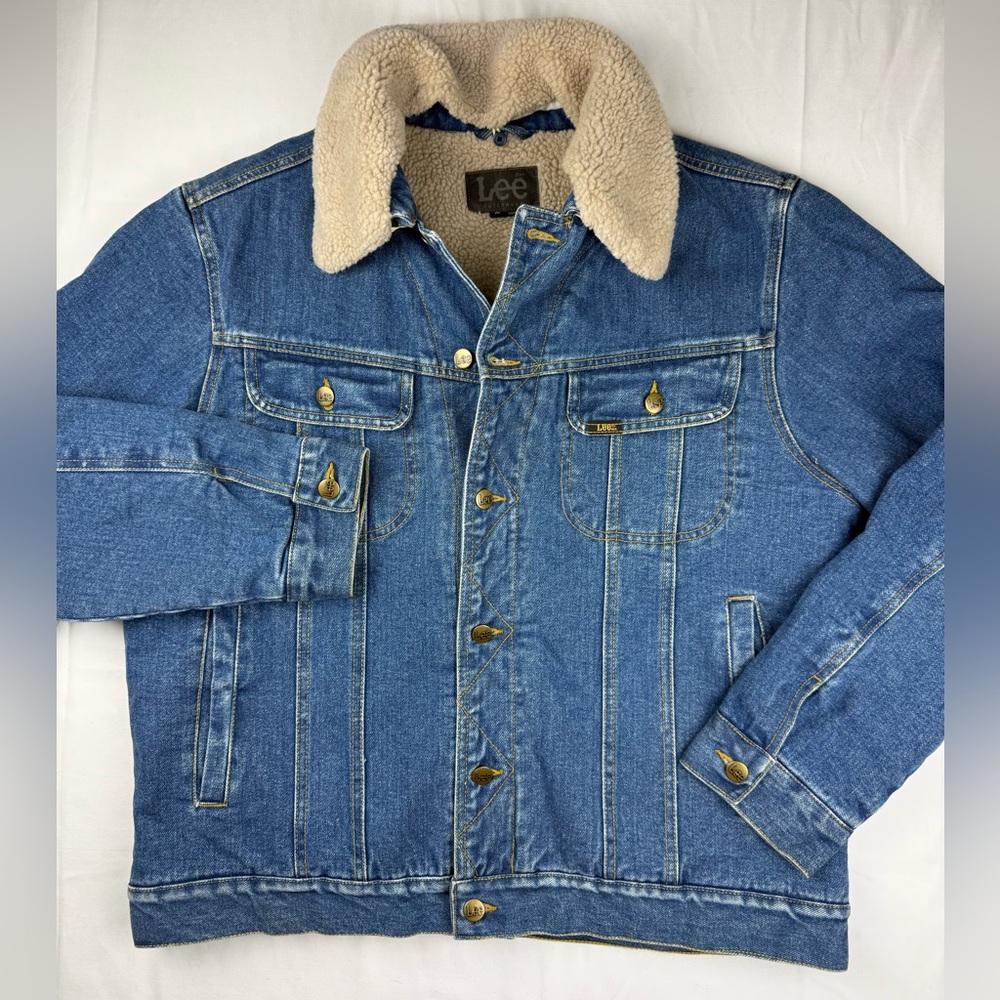 Lee Blue Mens‎ Denim Sherpa lined Jacket with Cream Collar size Medium